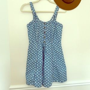 Polka dot denim button-through mini dress.